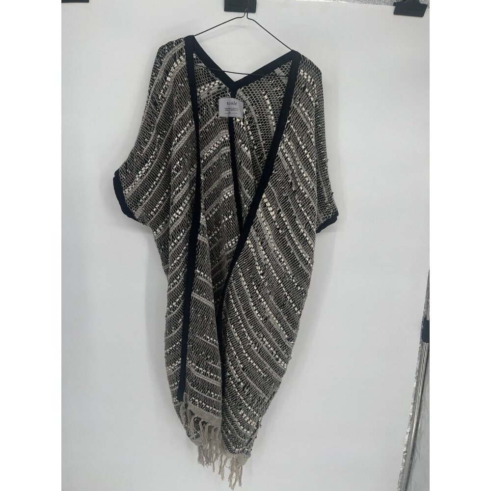 Tonle Hand‎ Woven Long Vest Fringe Kimono No Size Black/White